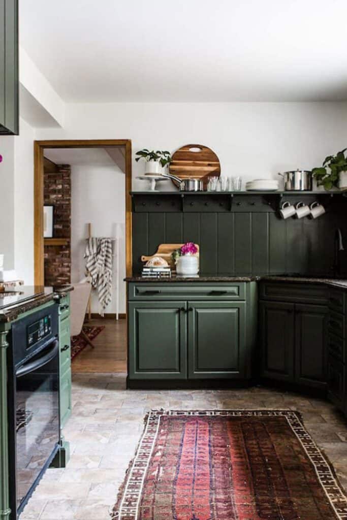 A kitchen with dark green cabinets, granite counters and white walls with a shelf about 2/3 up the wall with dishes and plants.