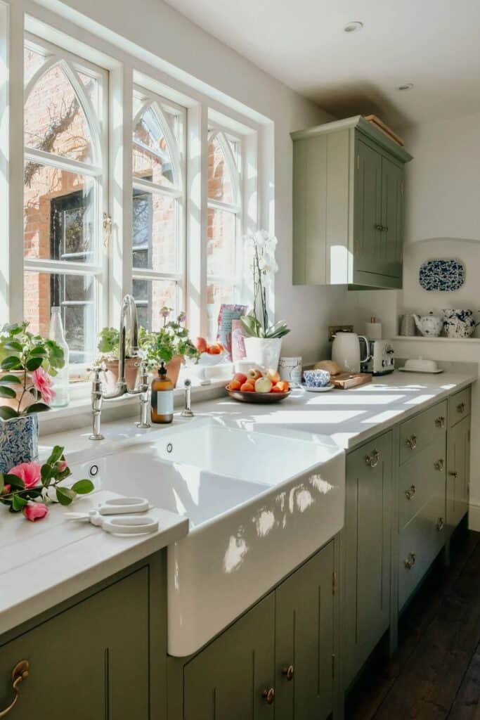 Light green cabinets in a kitchen with a white farmhouse sink, a lot of windows and white counters.