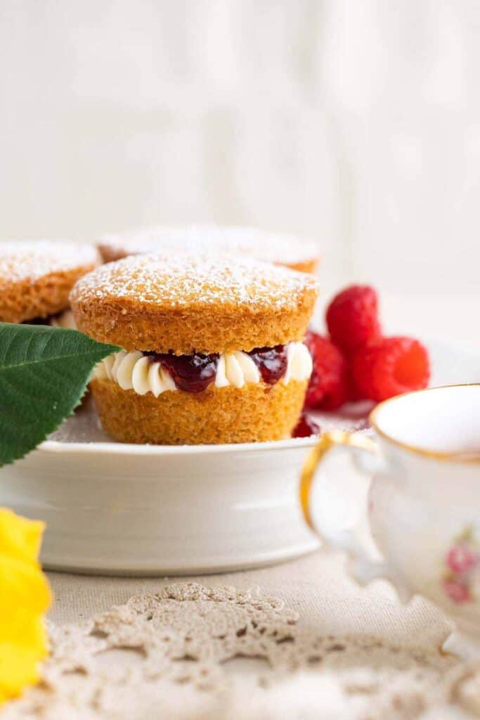 Mini spunge cake on a white plate with raspberries.