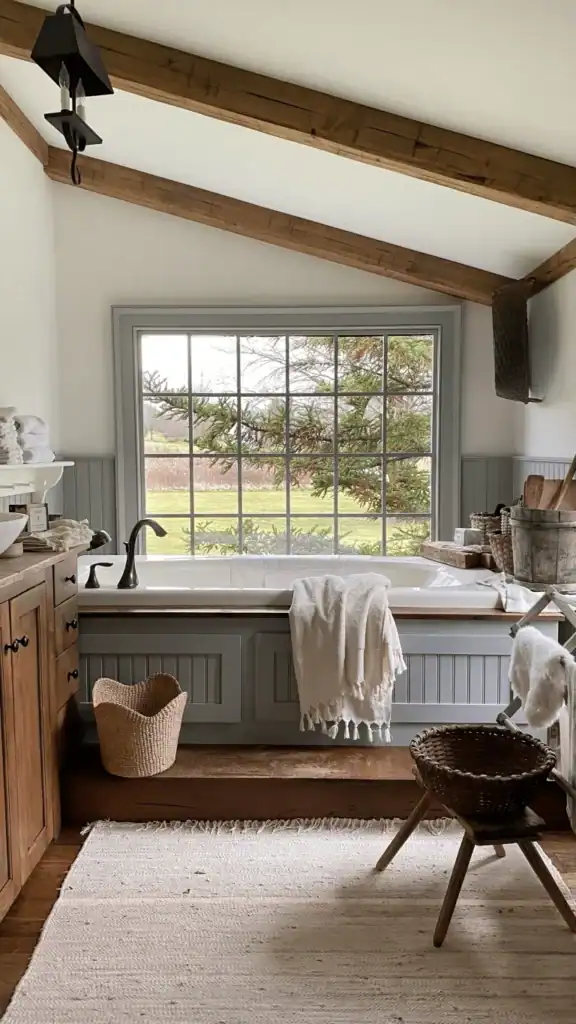 A bathroom with wood cabinets, wood floors, a large bathtub with vertical shiplap painted blue and Greek Villa on the walls.