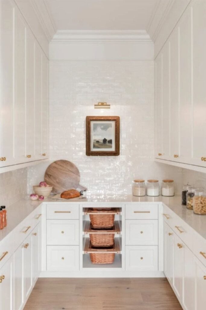 White cabinets in a walk in pantry with gold hardware, a landscape picture hanging on the tiled wall with a light above it.