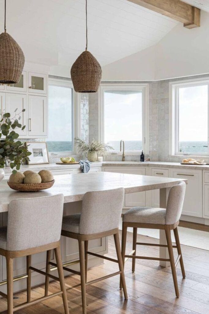 White cabinets with a white marble counter, square tile backsplash that is irredescent, woven pendents and three large windows looking out over water.
