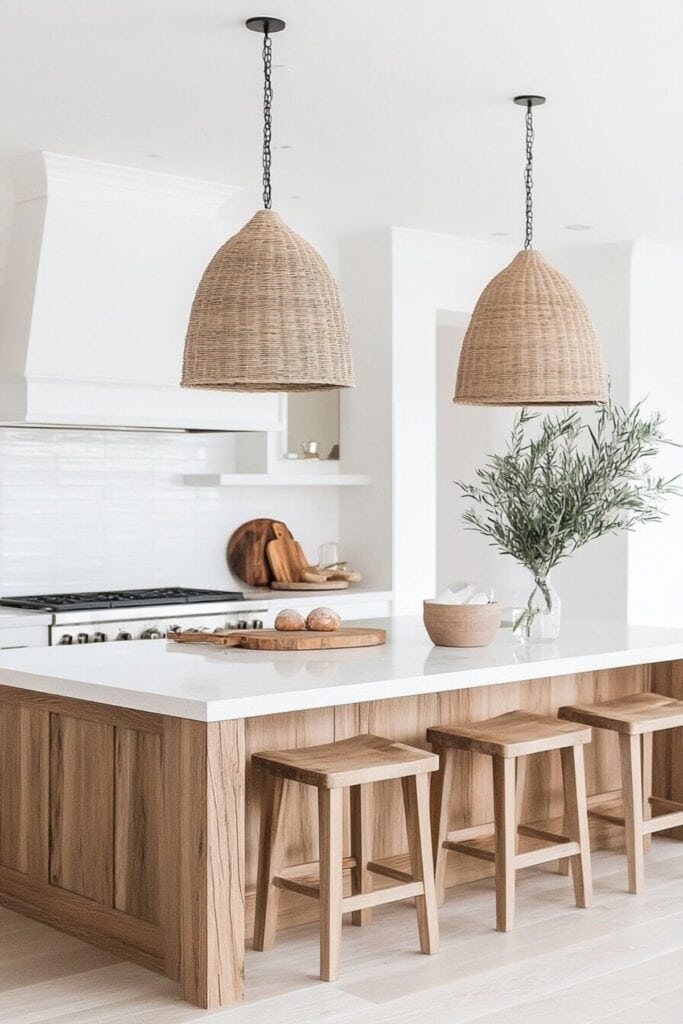 White perimeter cabinets with a wood island, white counters, woven pendents over the island and a white subway tile backsplash.