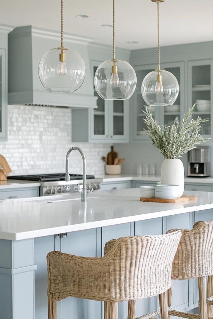 blue cabinets with white counters, three gold and glass pendents above the island with wicker bar stools and rosemary in a white vase next to two bowls on the island.