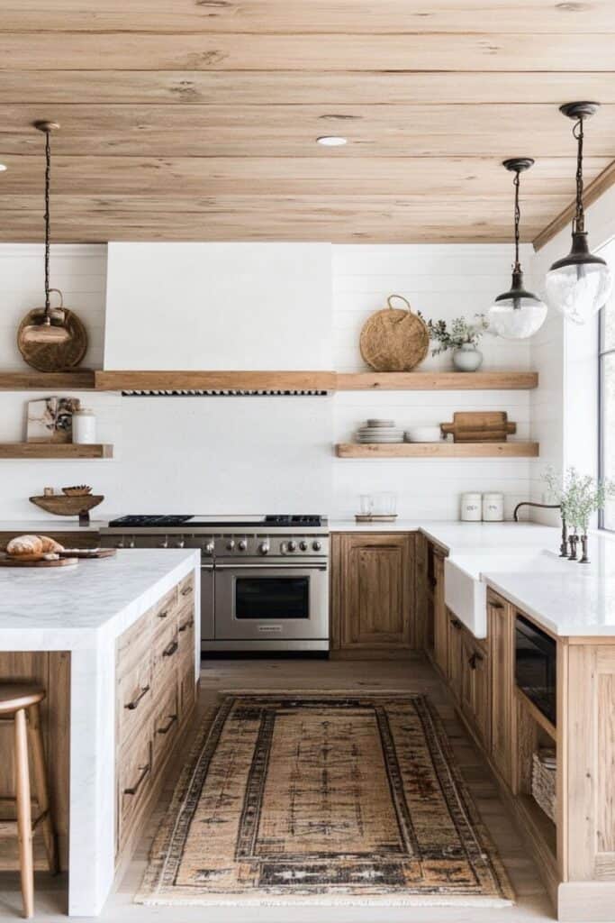 A kitchen with wood cabinets, white counters, wood floating shelves and a ceiling with wood planks on it.