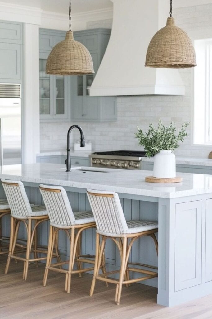 A kitchen with light blue cabinets, marble counters, and a marble subway tile backsplash and white with wood bar stools and a plant on the island.