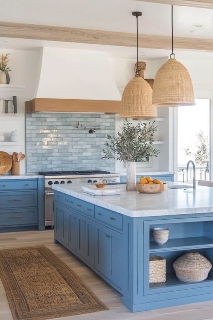 blue cabinets with marble counters, two woven pendents over the island, blue tile over the large range with a pot filler and a large white vent hood with a trim.