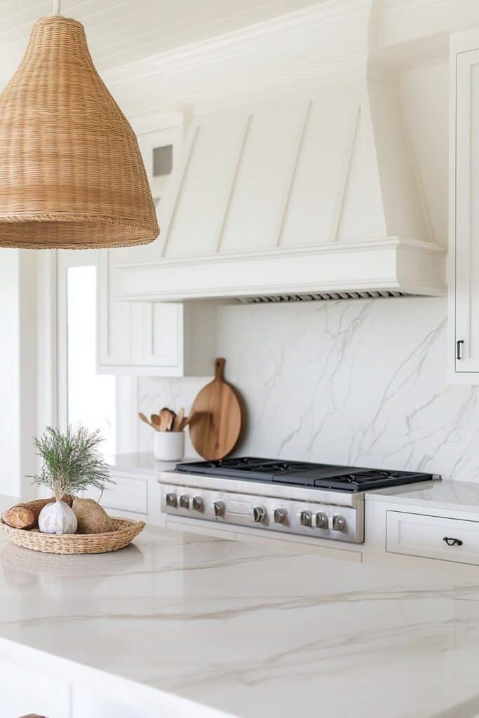 A white kitchen with marble counters, marble slab backsplash, woven pendents, a wooden cutting board and wooden spoons in a white vessel.