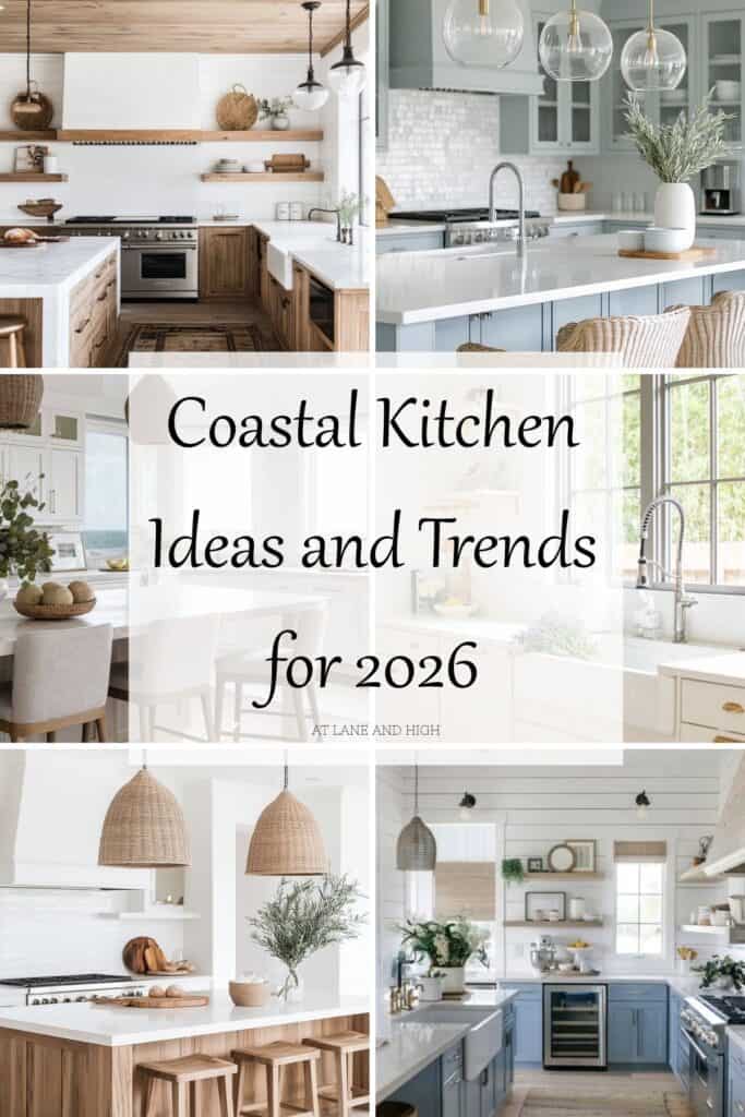 A grid of 6 coastal kitchens with text overlay.