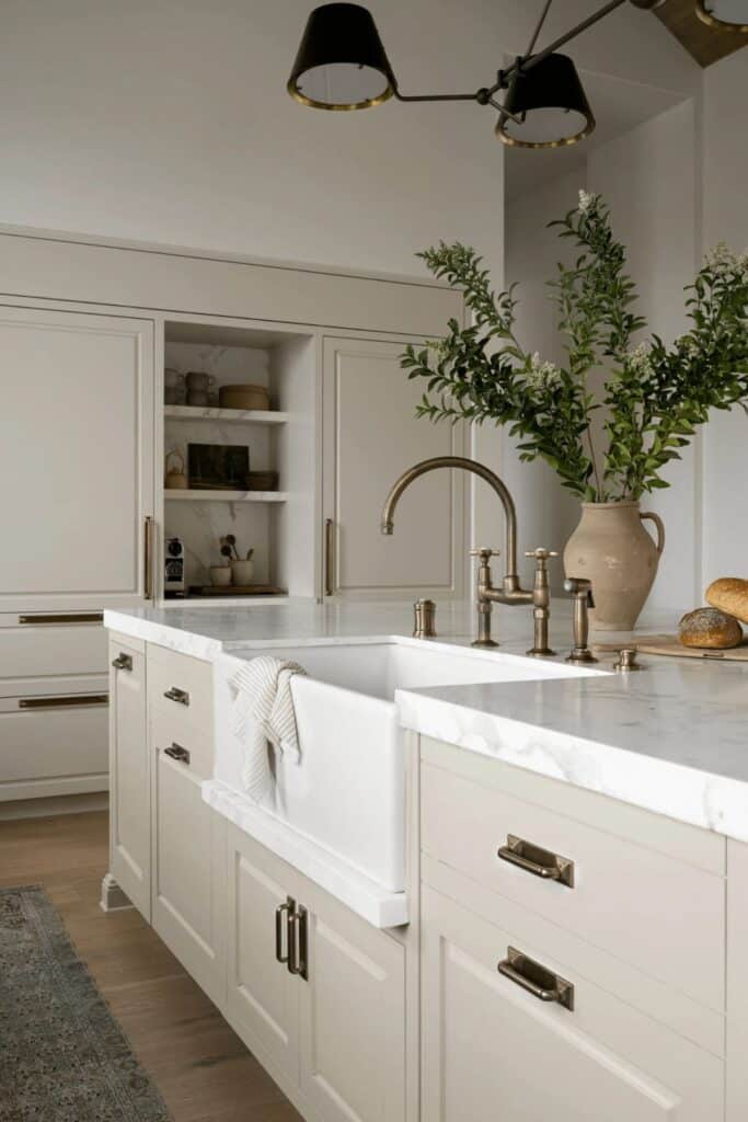 A kitchen with Oyster White painted cabinets, marble counters with a white farmhouse sink, a vase with greenery and a wood cutting board with bread on it.
