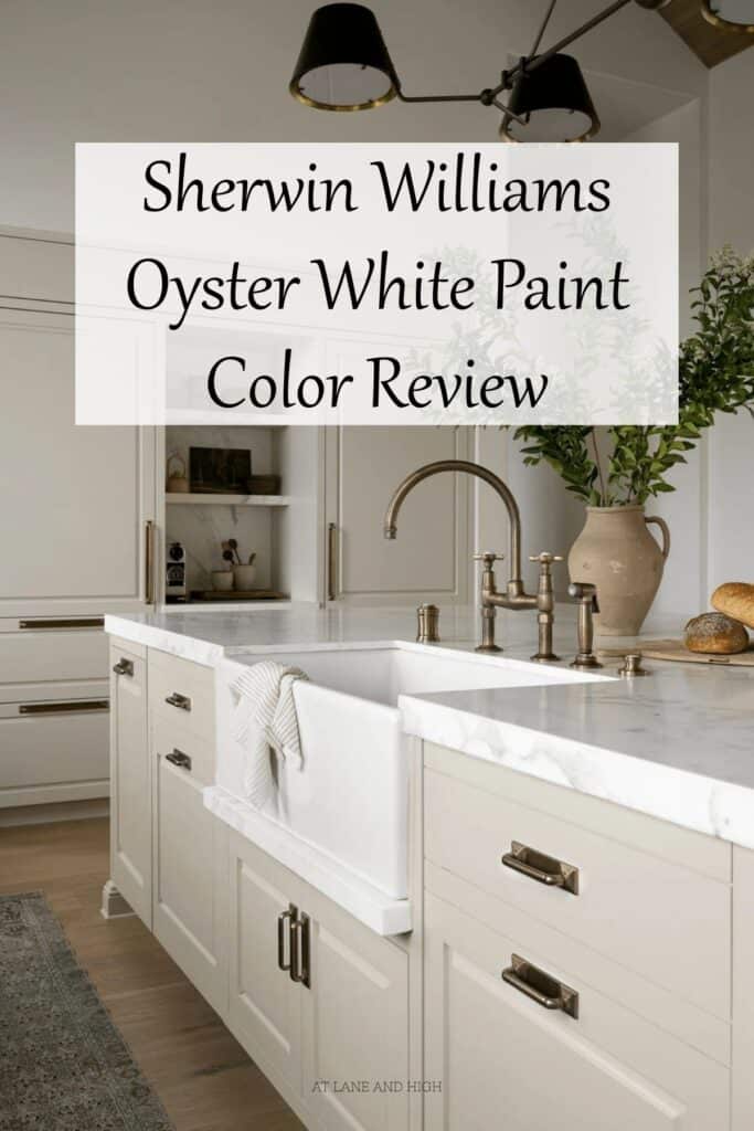 A kitchen with cabinets painted in Sherwin Williams Oyster White with text overlay.