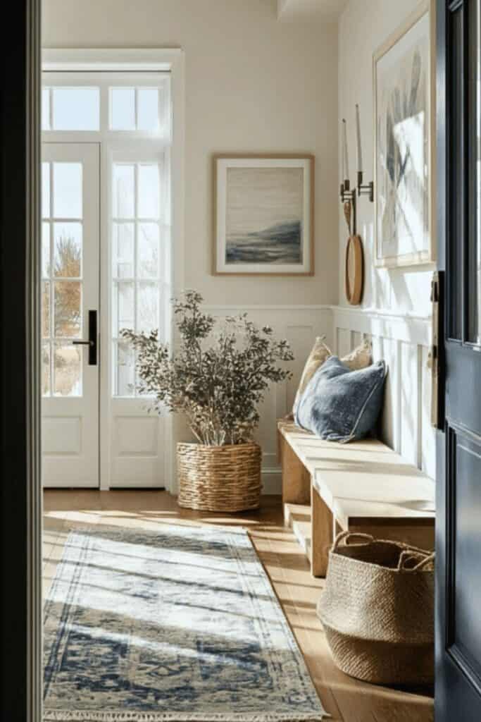 An entryway bathed in sunlight with the walls painted in ballet white and a bench with pillows.