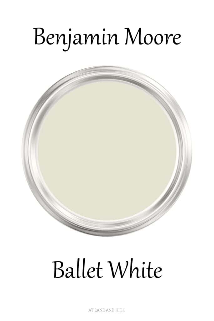 The view of the top of a paint can of Ballet White with text overlay.