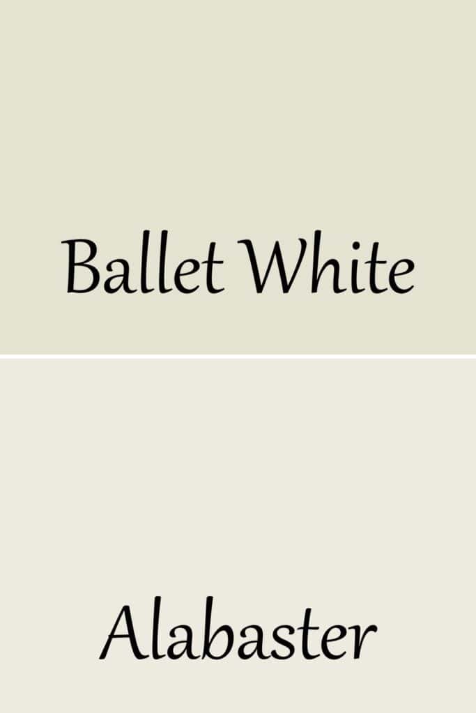 A side by side of Ballet White and Alabaster with text overlay.