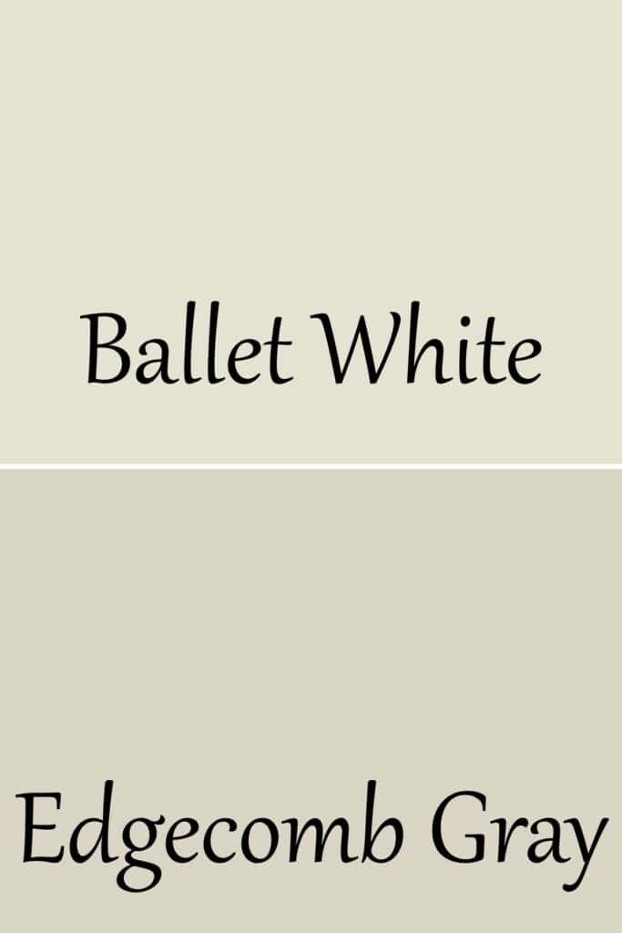 A side by side of Ballet White and Edgecomb Gray with text overlay.