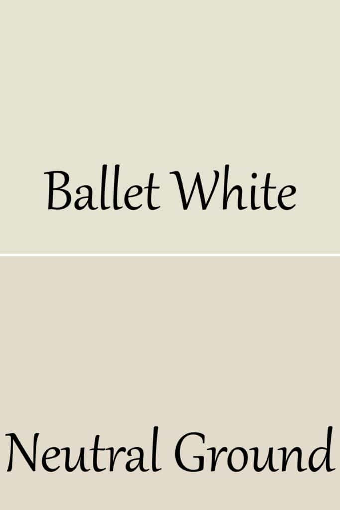 A side by side of Ballet White and Neutral Ground with text overlay.