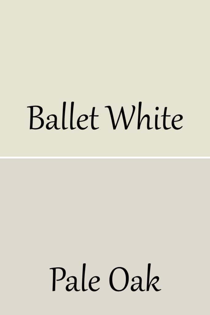 A side by side of Ballet White and Pale Oak with text overlay.