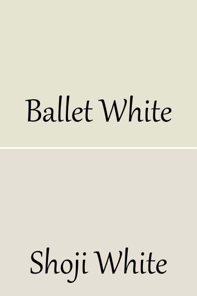 A side by side of Ballet White and Shoji White with text overlay.