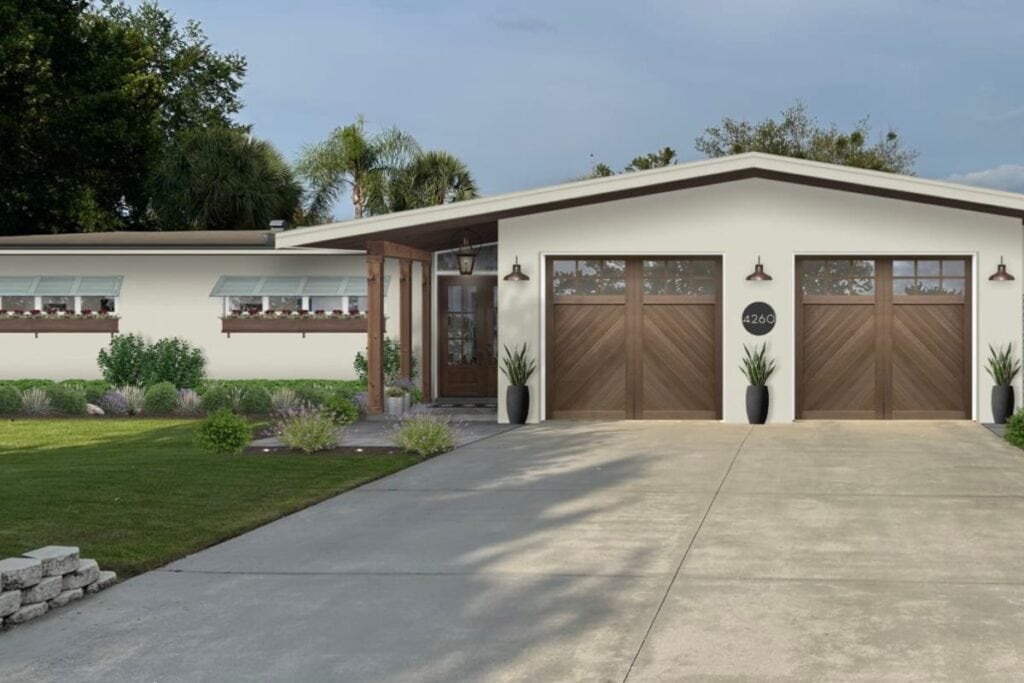 An exterior of a home painted in Ballet White with wood garage doors, wood posts and wood doors.