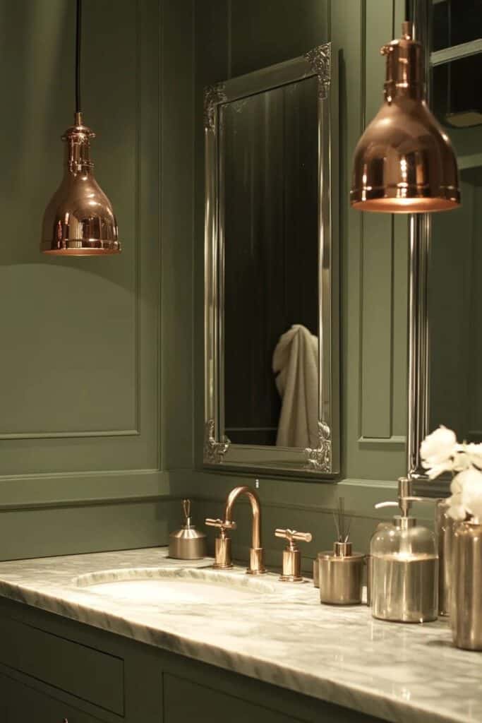 A dark sage green bathroom with wall panelling, large silver mirrors, rose gold hardware and a marble counter.