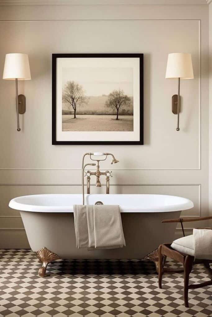 A beige bathroom with a clawfoot tab, a large piece of artwork and two sconces flanking the art and a checkerboard patterned floor.