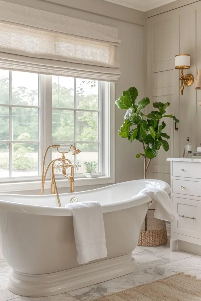 A light taupe bathroom with a free standing tub in front of windows, a white vanity and a plnt next to it.