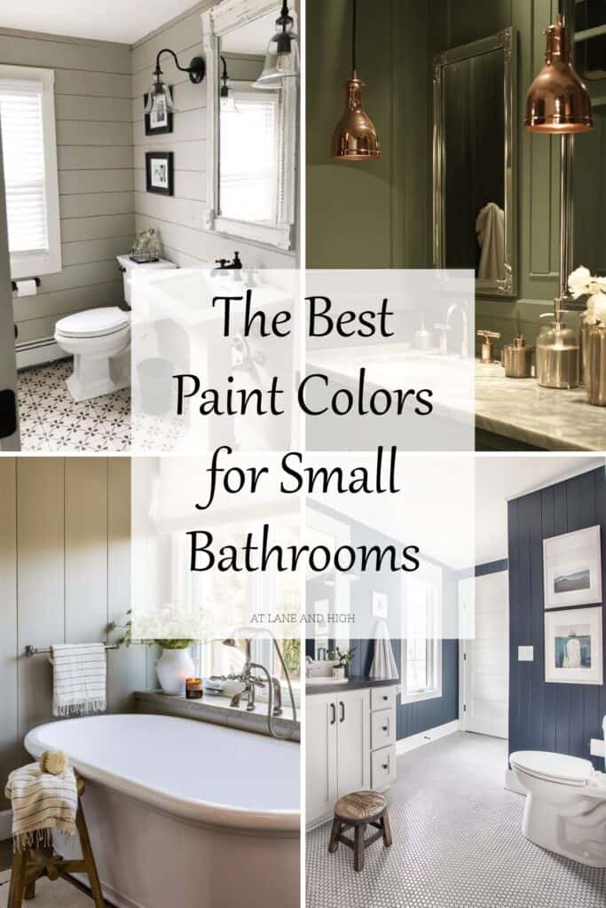 A grid of 4 different bathrooms with different paint colors and text overlay.