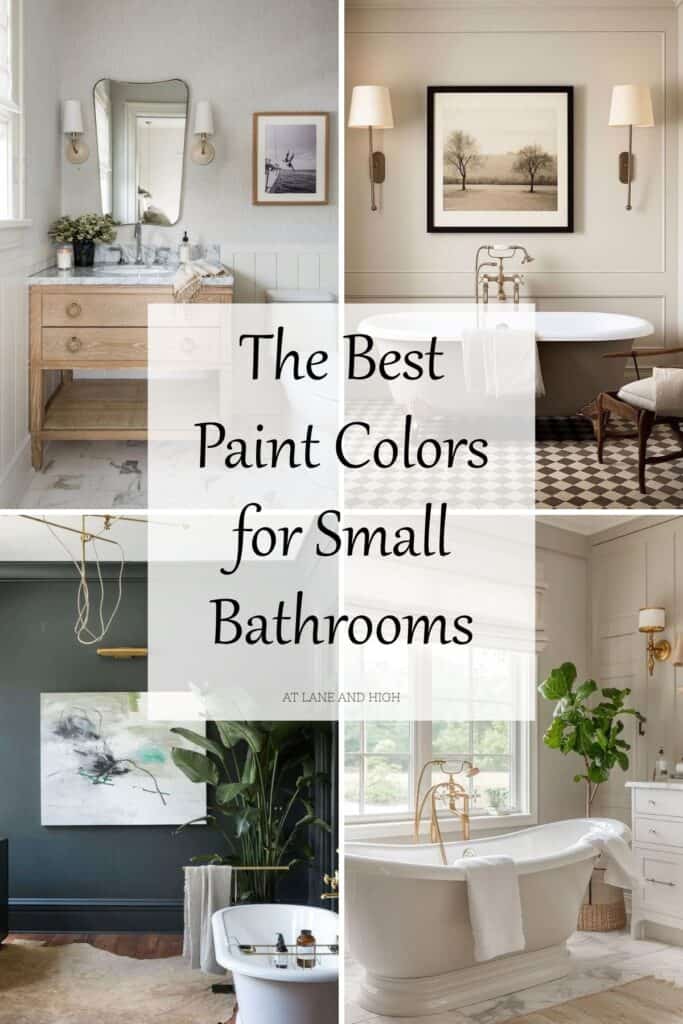 A grid of 4 different bathrooms with different paint colors and text overlay.