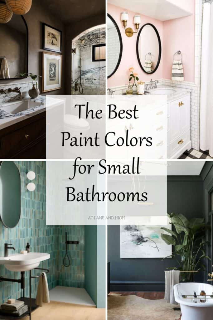 A grid of 4 different bathrooms with different paint colors and text overlay.