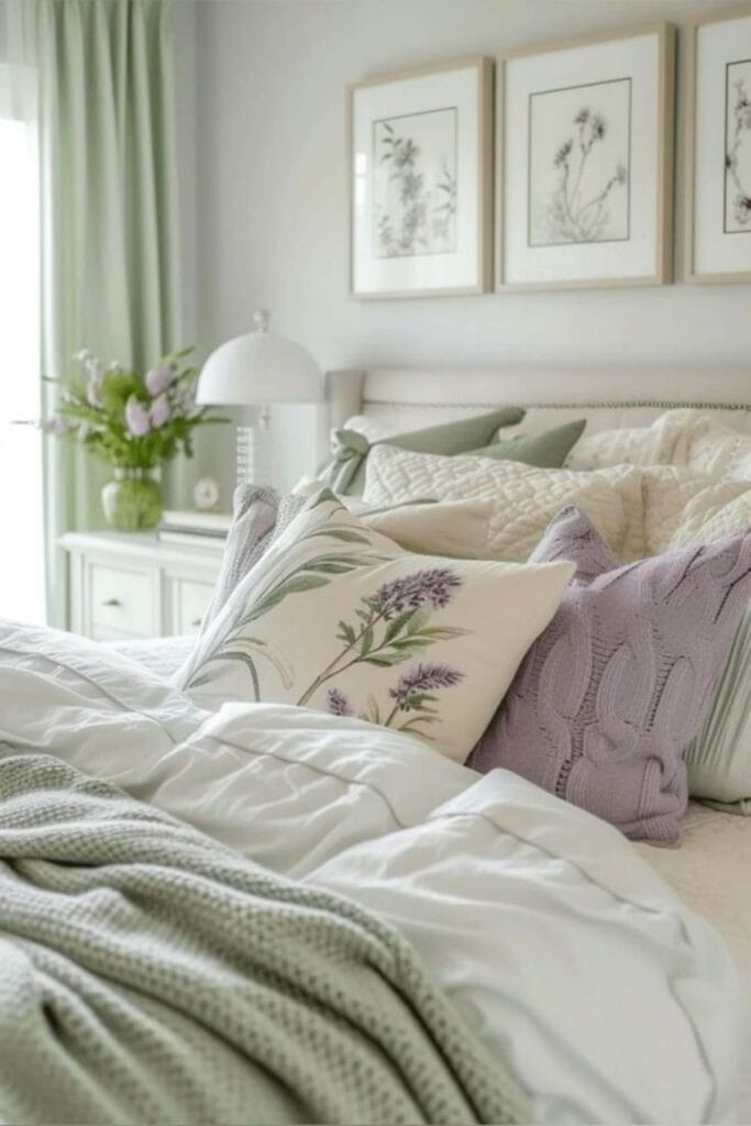 A bedroom with sage green walls, an upholstered bed with throw pillows that are lavender, white, sage green and a pillow that has flowers in all those colors.