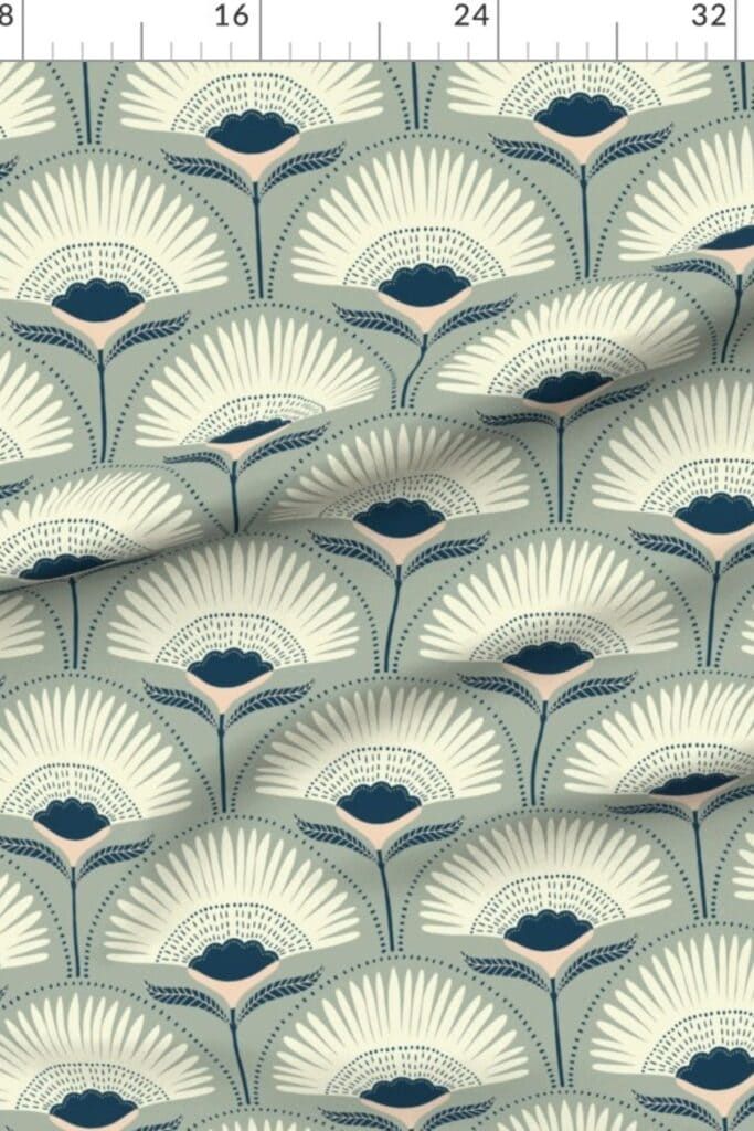 A floral fabric that is sage green background, navy, white and pink.