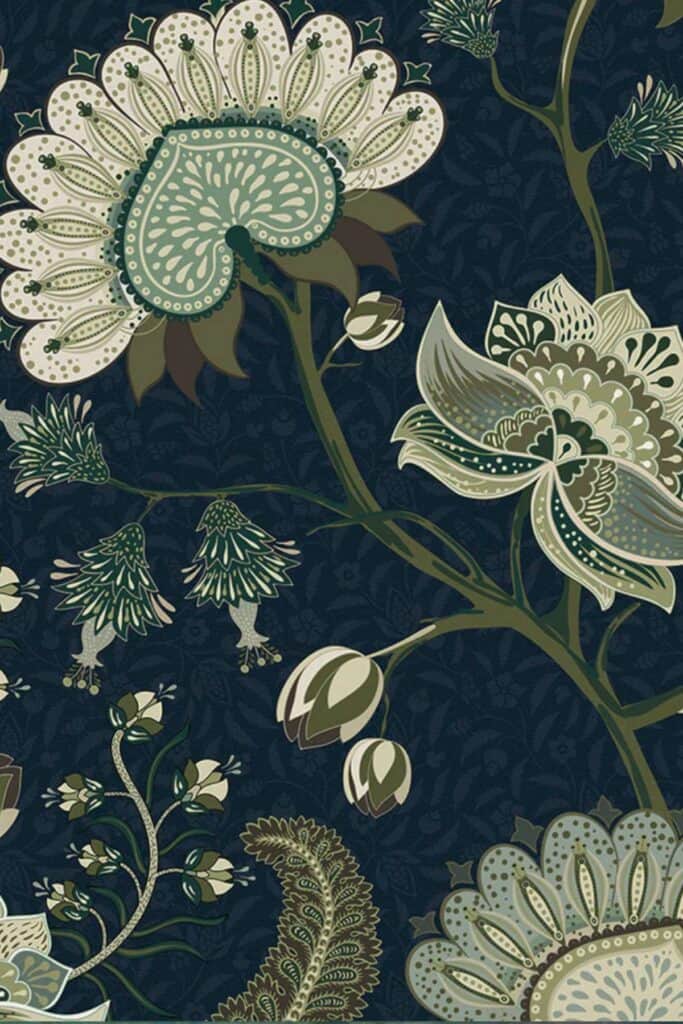 A wallpaper with a navy background and sage, white, and navy flowers.