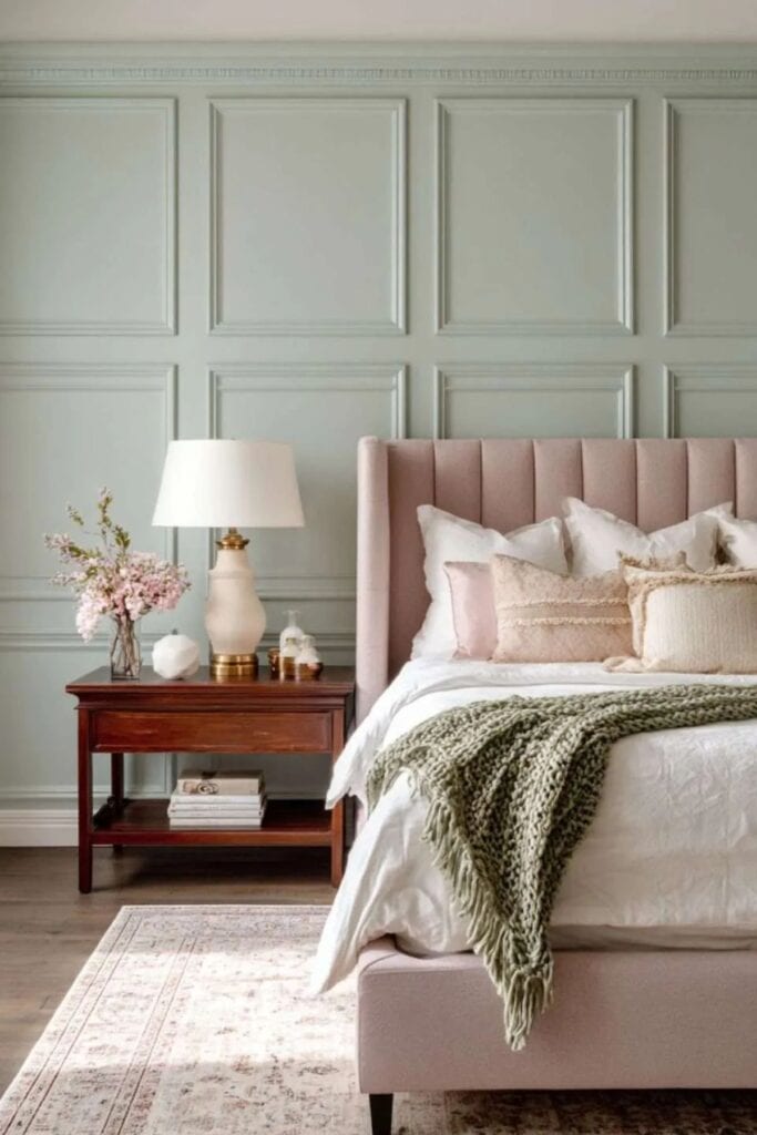 A sage green bedroom with a pink upholstered bed and white bedding with a wood night stand that has flowers and a lamp on it.