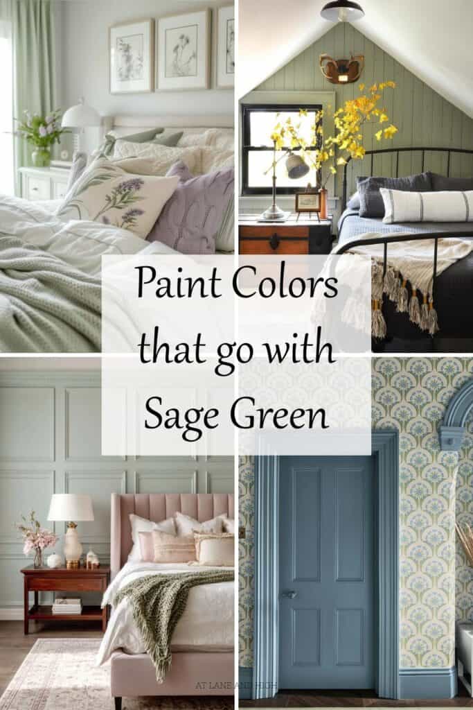 A grid of four images of sage green rooms with text overlay.