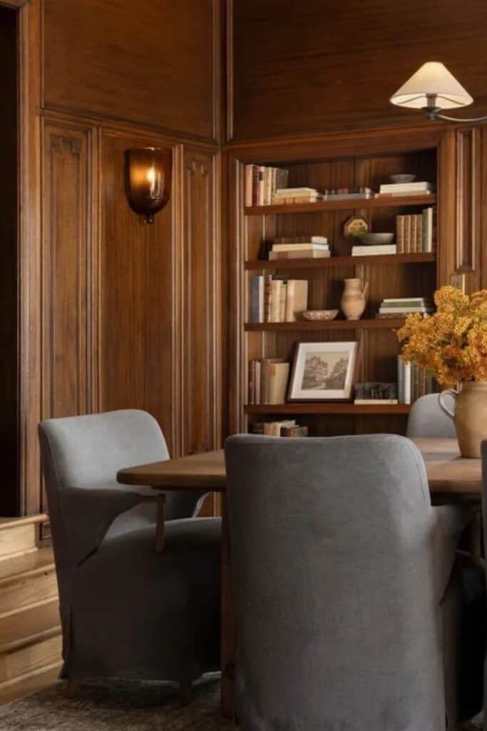 A dining room with a wood table, gray upholstered charis, wood panneled walls with shelves.