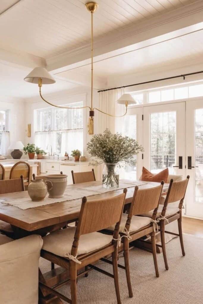 A wood dining table with wood chairs that have white cushion on the seats, a gold light fixture with two lights, and french doors with lots of windows all around it that have whtie sheer curtains on either end.