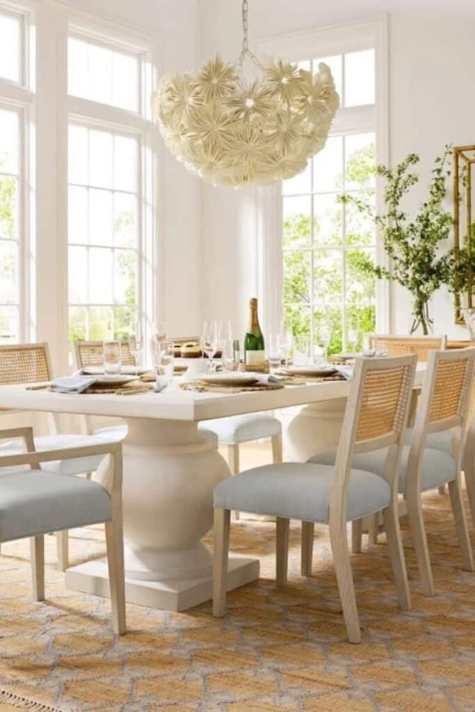 A dining room with a large white table, chairs that have blue fabric on the seats and rattan for the backing, and a light fixture that looks like a ball of flowers.