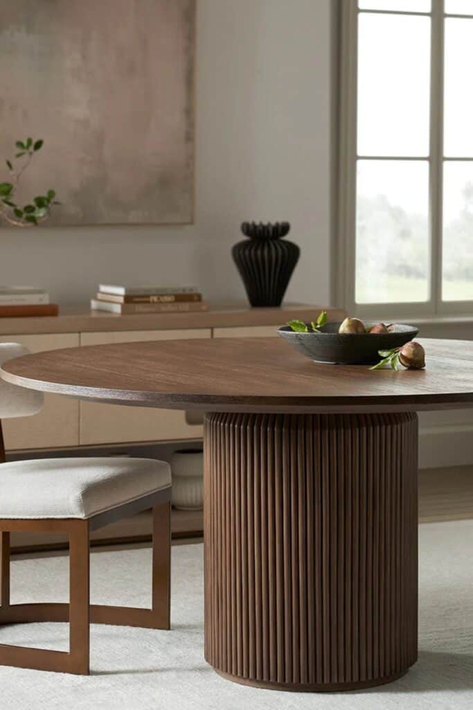 A wood round table with a fluted base, and a bowl of nuts on top.