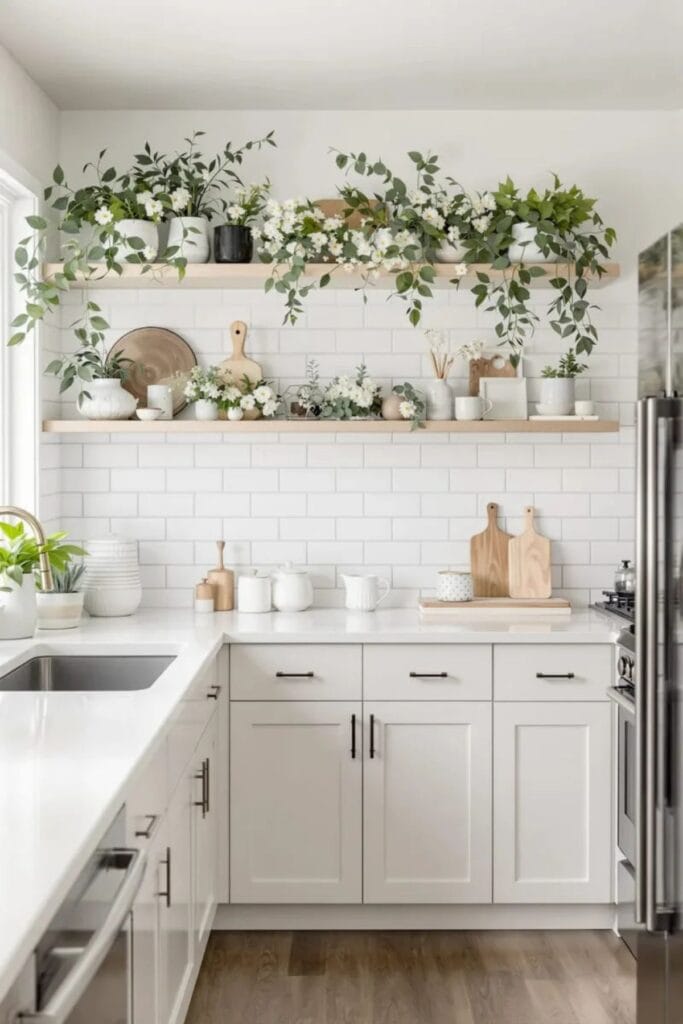 A white kitchen with floating shelves and lots of planats and flowers on them with whtie vases and a couple of cutting boards.