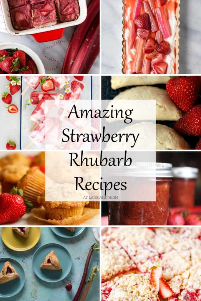 a grid of 8 different strawberry rhubarb desserts with text overlay.