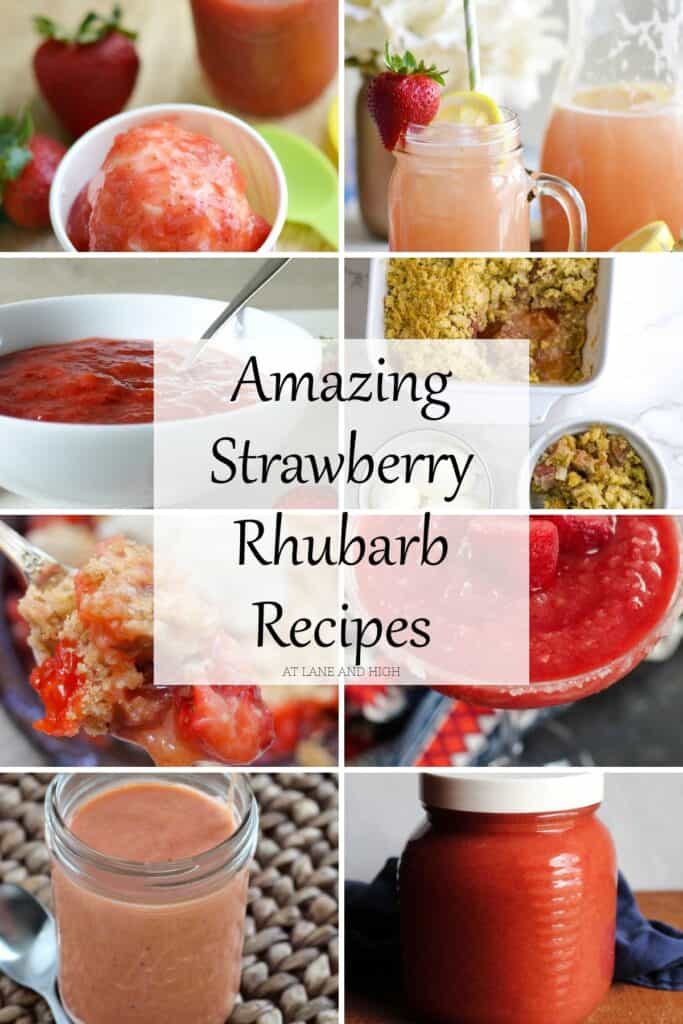 A grid of 8 strawberry rhubarb recipes with text overlay.