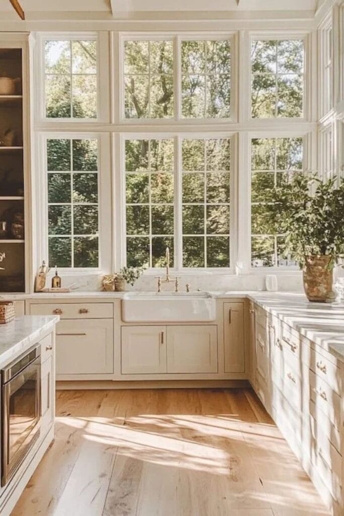 A kitchen with tons of windows, a farmhouse sink and cream cabinets with white counters.
