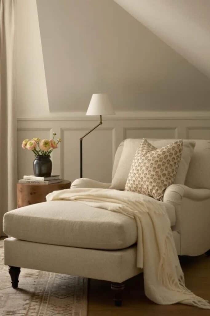 A chaise lounger chair with a throw pillow and blanket and a lamp next to it with a table that has two books and a vase of flowers.