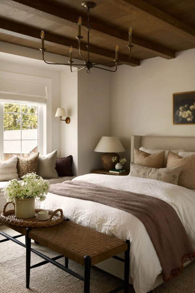A bedroom with an upholsered headboard, lots of pillows and fluffy bedding with a woven bench at the end of the bed with a tary holding a candle and flowers.