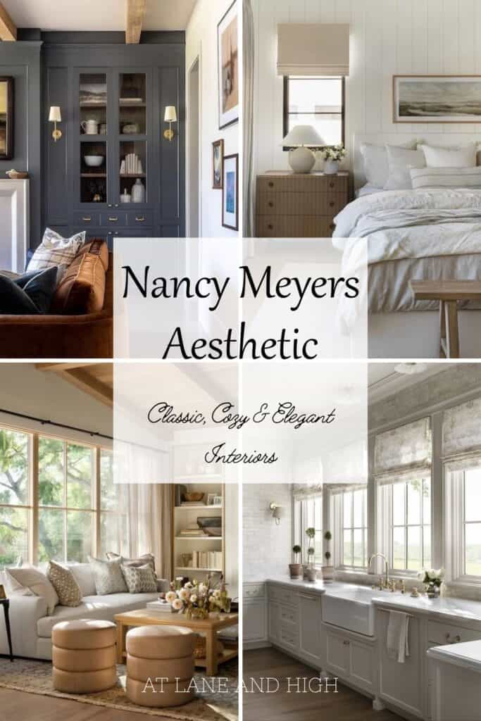 A grid of four rooms with the Nancy Meyers Aesthetic with text overlay. Pin for Pinterest.