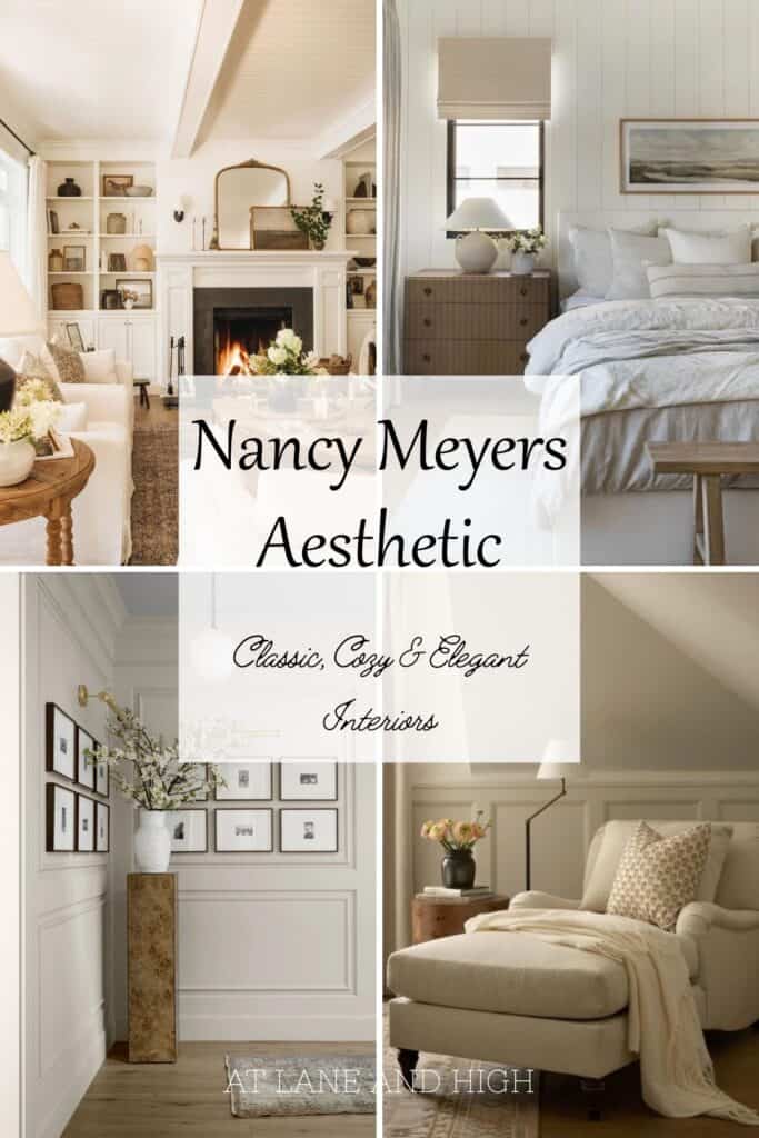 A grid of four rooms with the Nancy Meyers Aesthetic with text overlay. Pin for Pinterest.