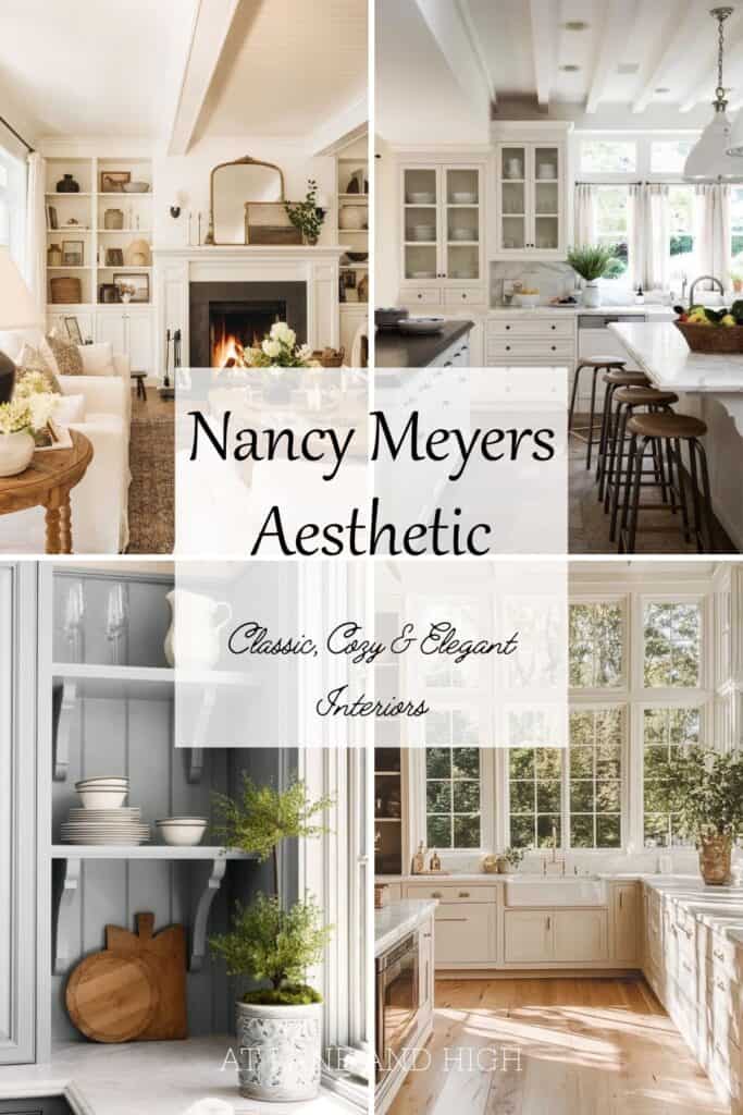A grid of four rooms with the Nancy Meyers Aesthetic with text overlay. Pin for Pinterest.